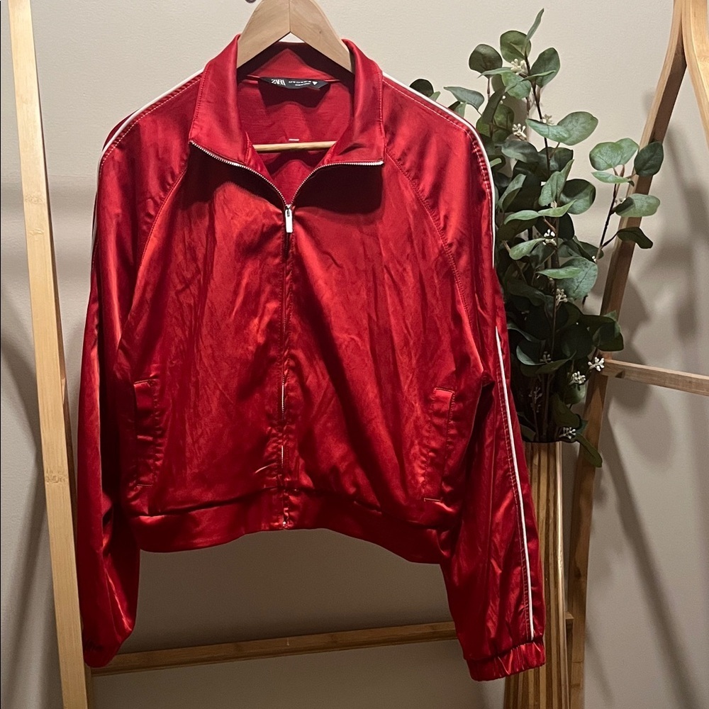 Zara Red Full Zip Long Sleeve Bomber Coat